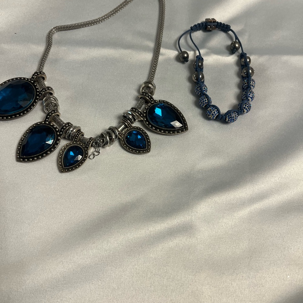 Vintage Blue and Silver Necklace with Ornate Design